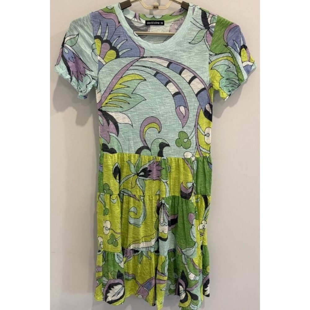 David Cline Womens Dress Multicolor XS Abstract Artsy Short Sleeve Tiered Green